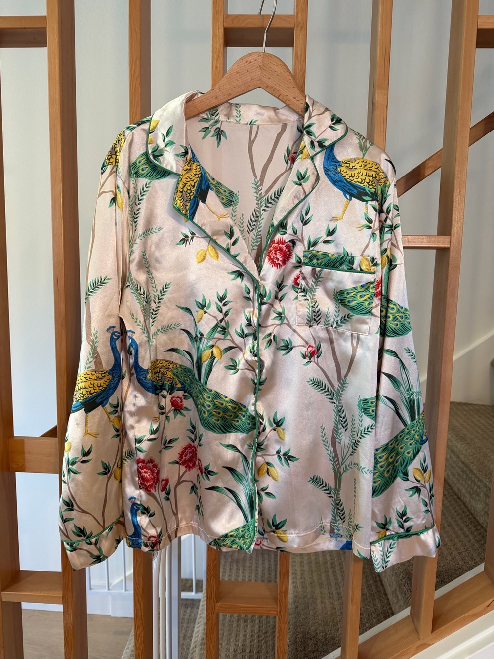 Floral Peacock Satin Pajamas - Cream/Green